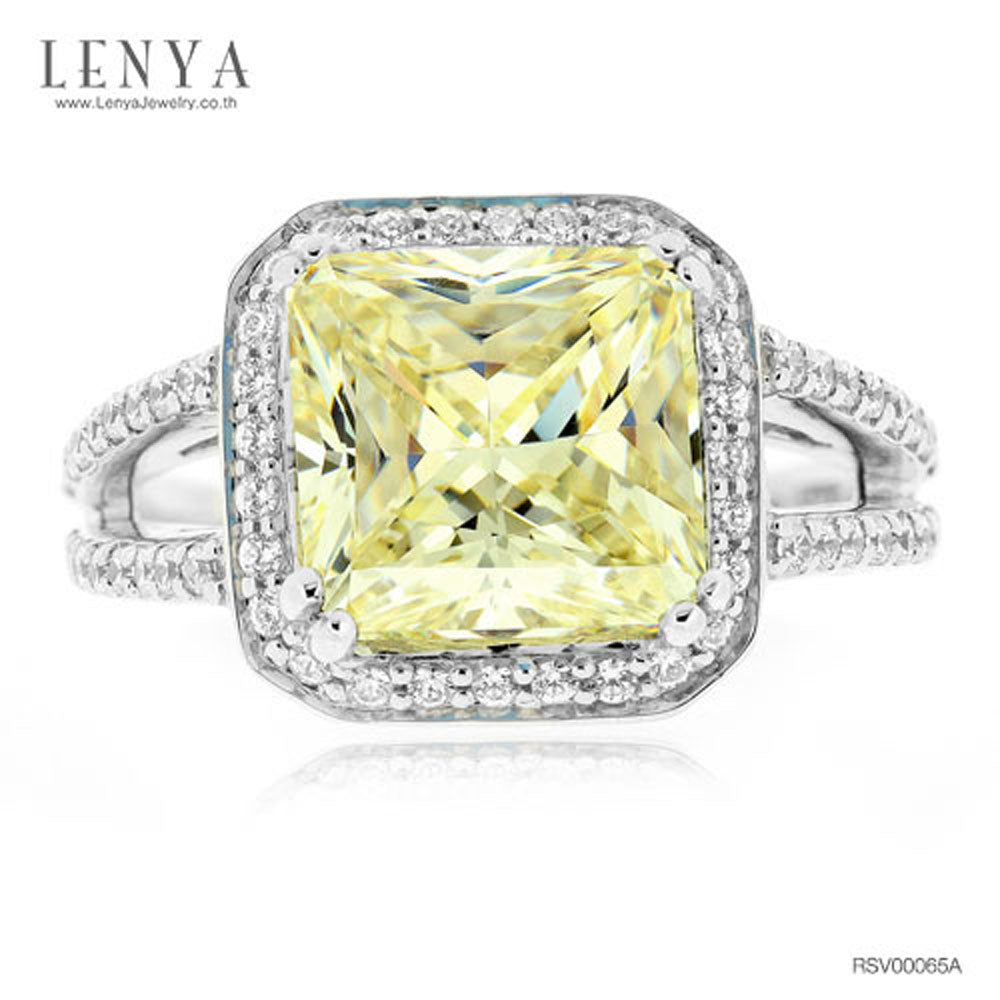 LENYA แหวน CZ สีเหลืองอ่อน Diamondlike เสริมความมั่นใจ ขนาด 9 มิล ตัวเรือนเงินแท้925 ชุบทองคำขาว