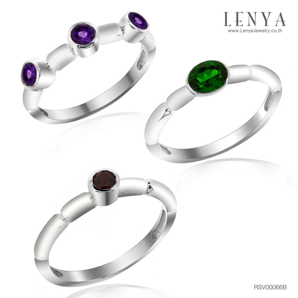 LENYA แหวนเซ็ท 3 แบบ 3 วง ประดับพลอยโครมไดออฟไซด์(Chrome Diopside) อะเมทิสต์(Amethyst) และโกเมน( Garnet) ตัวเรือนเงินแท้ชุบทองคำขาว