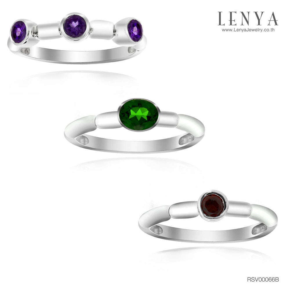 LENYA แหวนเซ็ท 3 แบบ 3 วง ประดับพลอยโครมไดออฟไซด์(Chrome Diopside) อะเมทิสต์(Amethyst) และโกเมน( Garnet) ตัวเรือนเงินแท้ชุบทองคำขาว