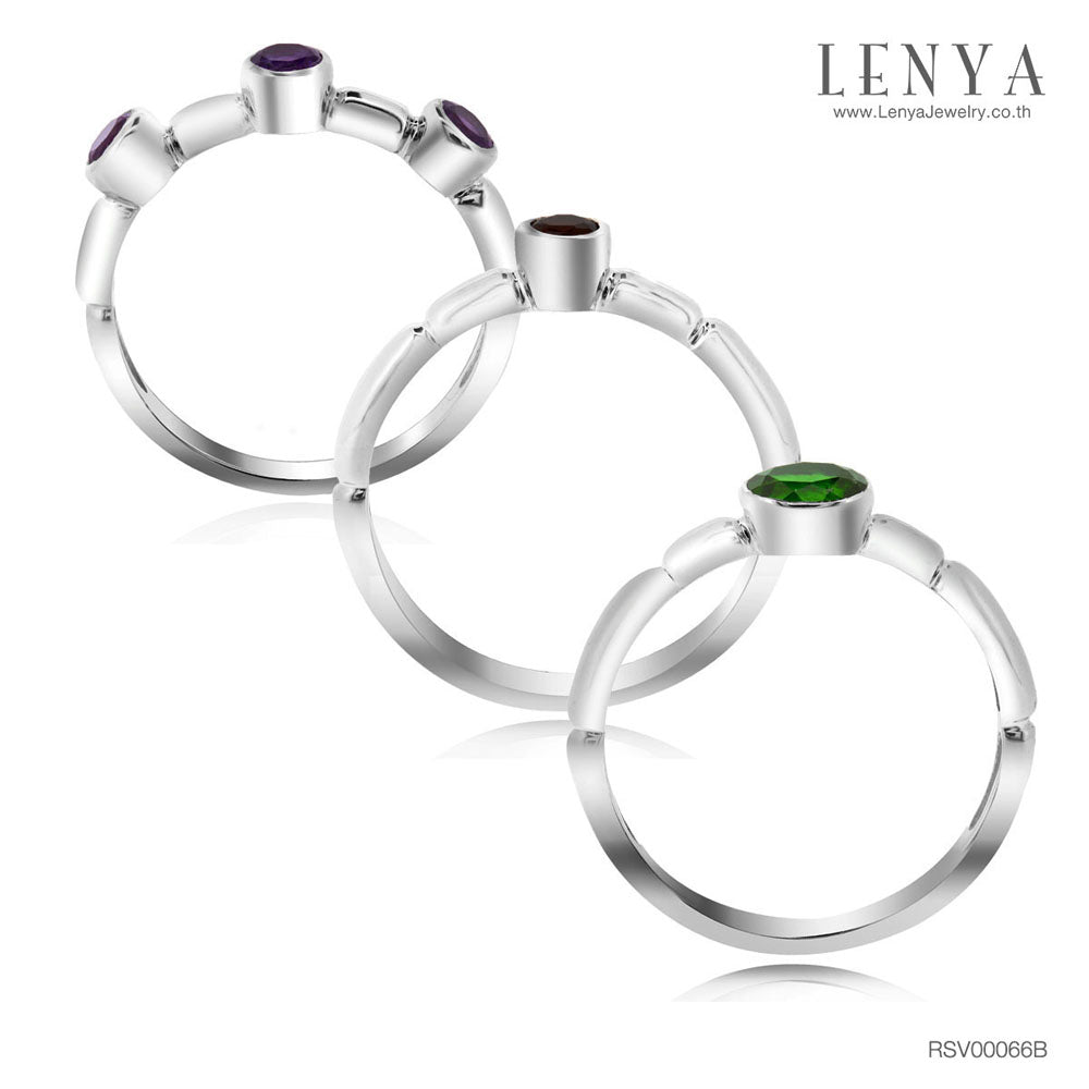 LENYA แหวนเซ็ท 3 แบบ 3 วง ประดับพลอยโครมไดออฟไซด์(Chrome Diopside) อะเมทิสต์(Amethyst) และโกเมน( Garnet) ตัวเรือนเงินแท้ชุบทองคำขาว