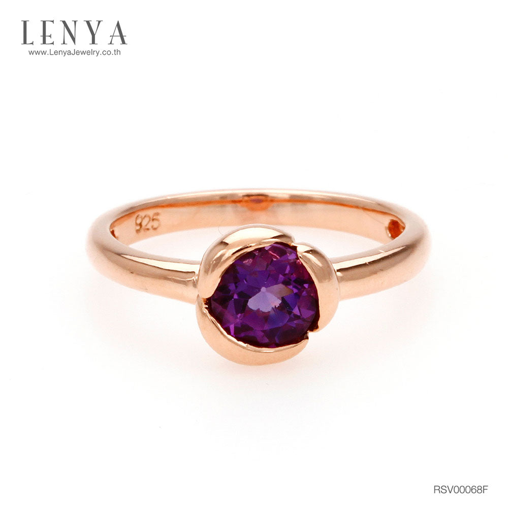 LENYA แหวนพลอยอเมทิสต์ เสริมความสงบใจ มีสติ มั่งคั่ง ขนาด 6 มิล ตัวเรือนเงินแท้925 ชุบพิงค์โกลด์