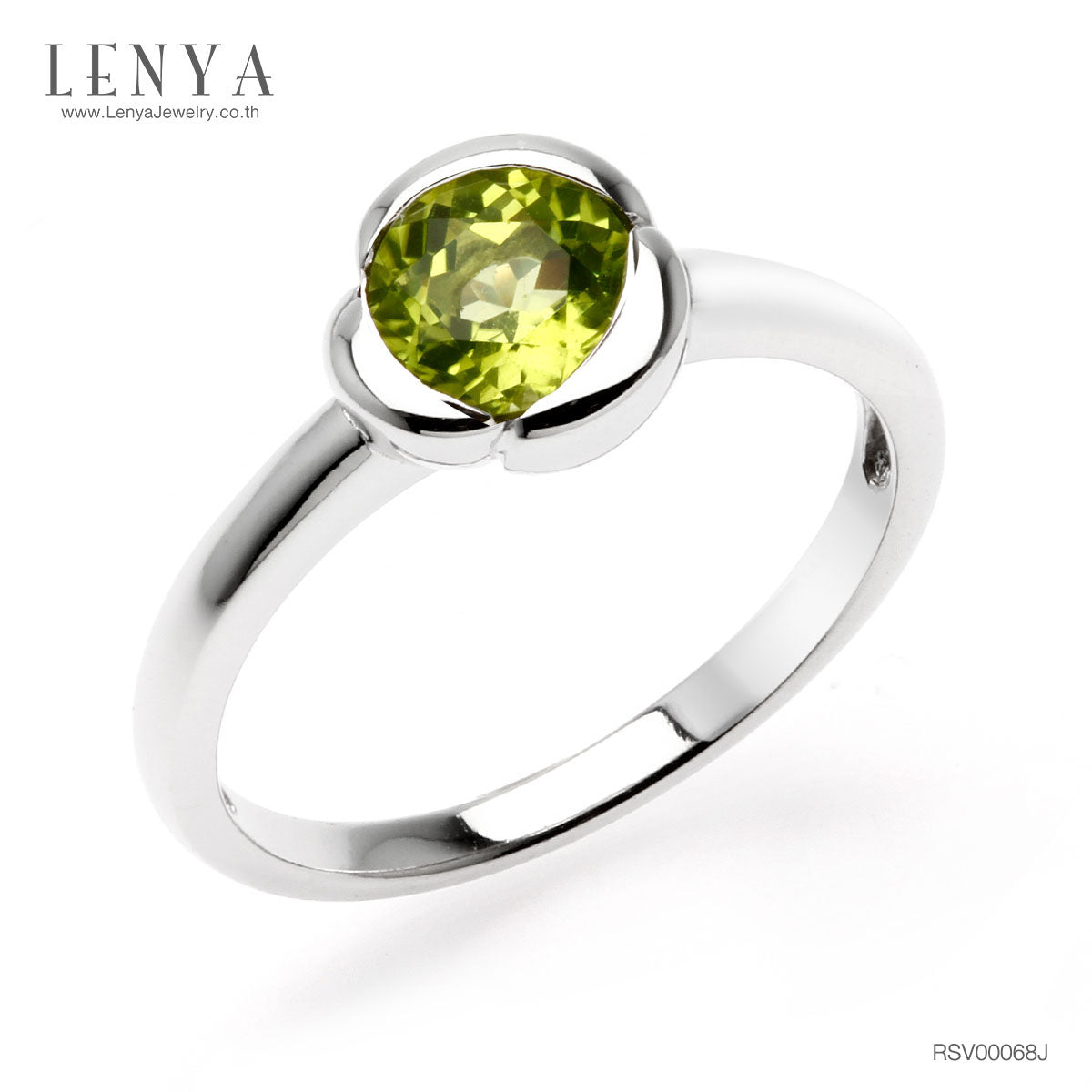 LENYA แหวนพลอยเพอริดอท (Peridot) ปกป้องคุ้มครองเสริมสิริมงคล ความโชคดี นำพาความเจริญรุ่งเรืองในชีวิต หัวแหวนดีไซน์เป็นกลีบดอกไม้ ตัวเรือนเงินแท้ชุบทองคำขาว