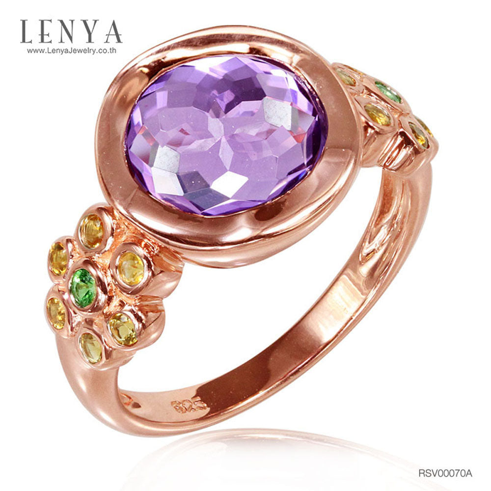 LENYA แหวนพลอยอเมทิสต์ เสริมความสงบใจ มีสติ มั่งคั่ง ขนาด 10 มิล ตัวเรือนเงินแท้925 ชุบพิงค์โกลด์