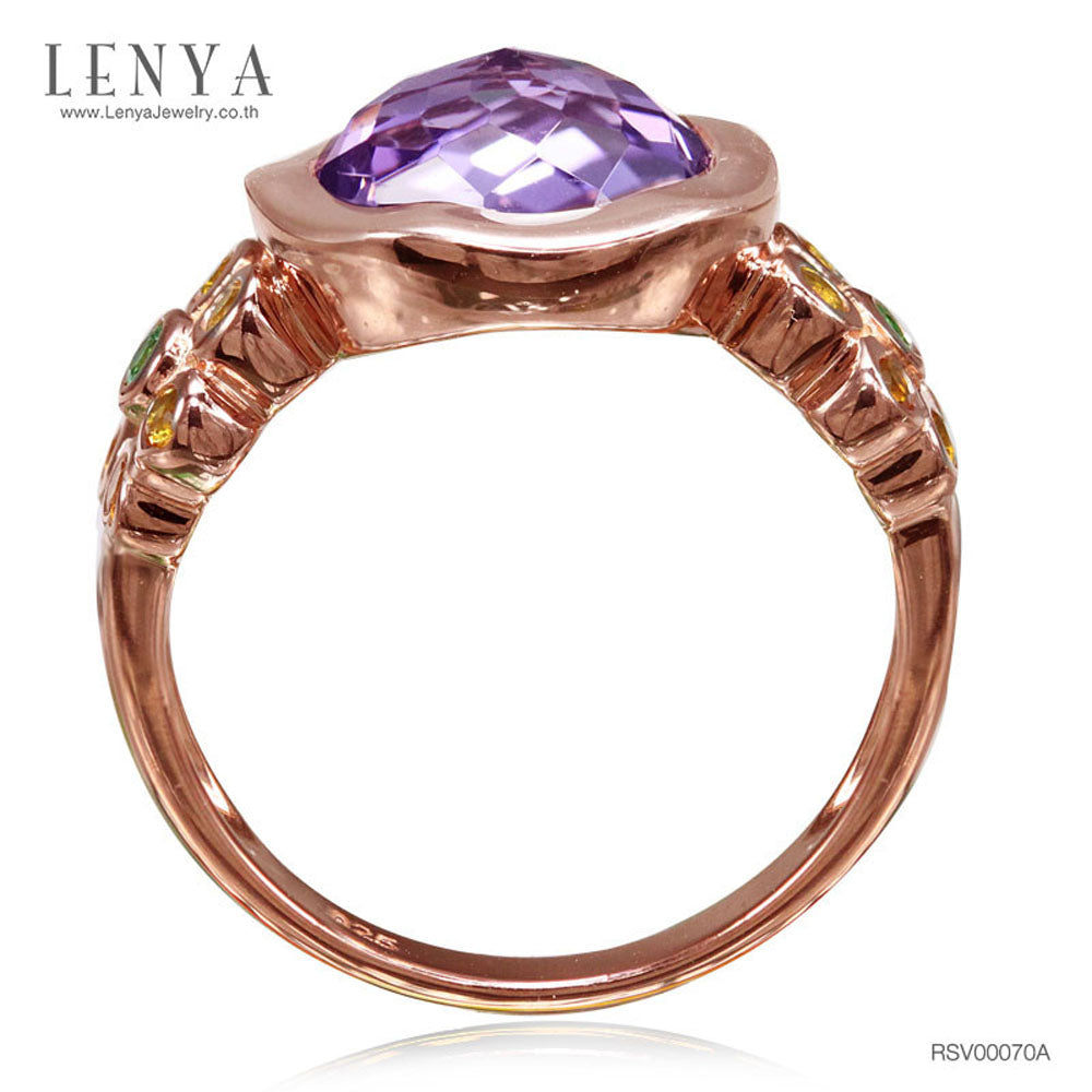 LENYA แหวนพลอยอเมทิสต์ เสริมความสงบใจ มีสติ มั่งคั่ง ขนาด 10 มิล ตัวเรือนเงินแท้925 ชุบพิงค์โกลด์