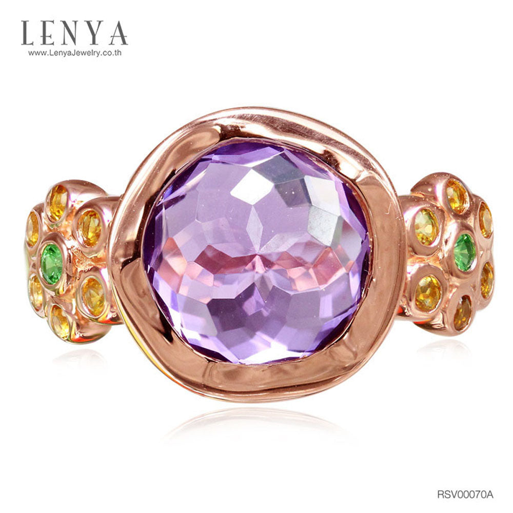 LENYA แหวนพลอยอเมทิสต์ เสริมความสงบใจ มีสติ มั่งคั่ง ขนาด 10 มิล ตัวเรือนเงินแท้925 ชุบพิงค์โกลด์