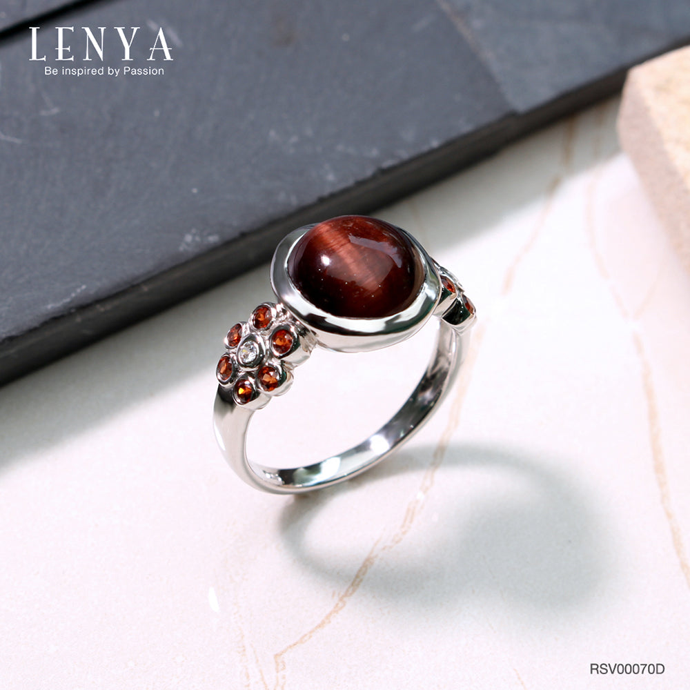 LENYA แหวนไทเกอร์อาย มีพลังปกป้องคุ้มครอง เสริมอำนาจบารมี ขนาด 10 มิล ตัวเรือนเงินแท้925 ชุบทองคำขาว