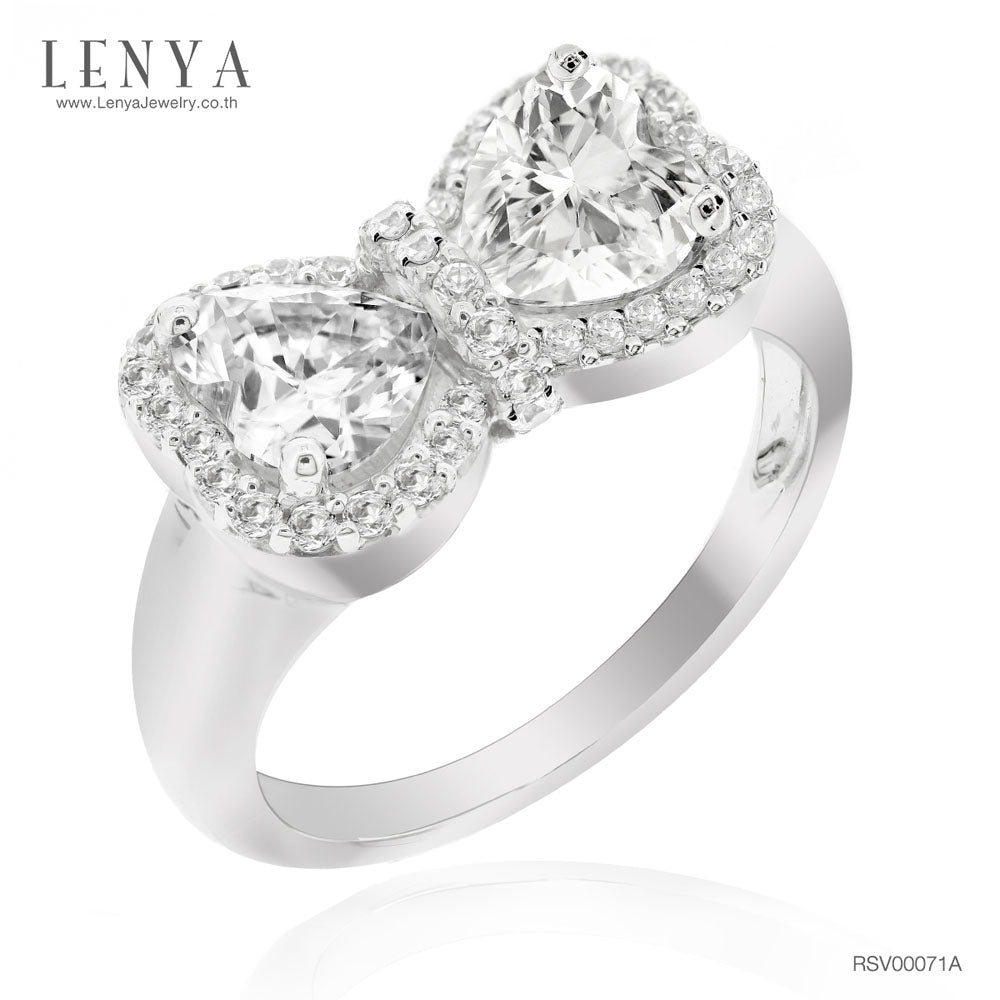 LENYA แหวนเพชร DiamondLike รูปหัวใจ เม็ดใหญ่ 6 มิล 2 เม็ด ตัวเรือนเงินแท้ชุบโรเดียม