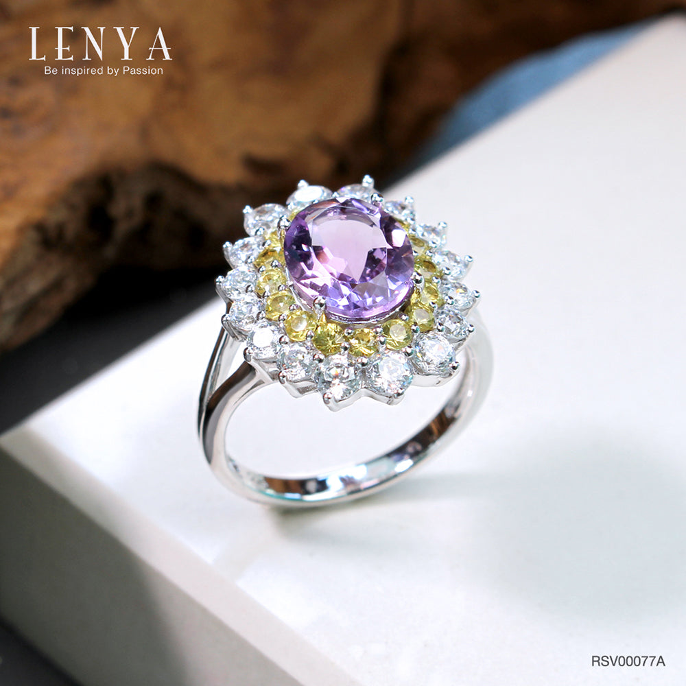 LENYA แหวนเงินแท้ประดับพลอยอเมทิสต์ ล้อมรอบด้วย Yellow Sapphire และ CZ