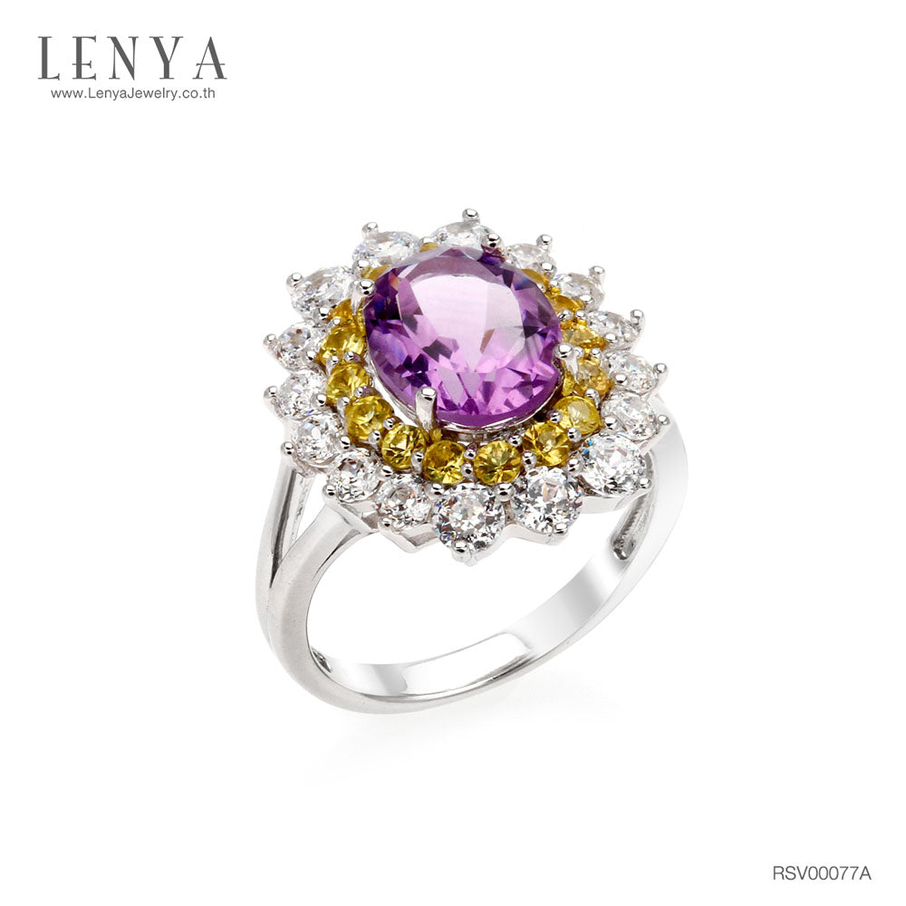 LENYA แหวนเงินแท้ประดับพลอยอเมทิสต์ ล้อมรอบด้วย Yellow Sapphire และ CZ