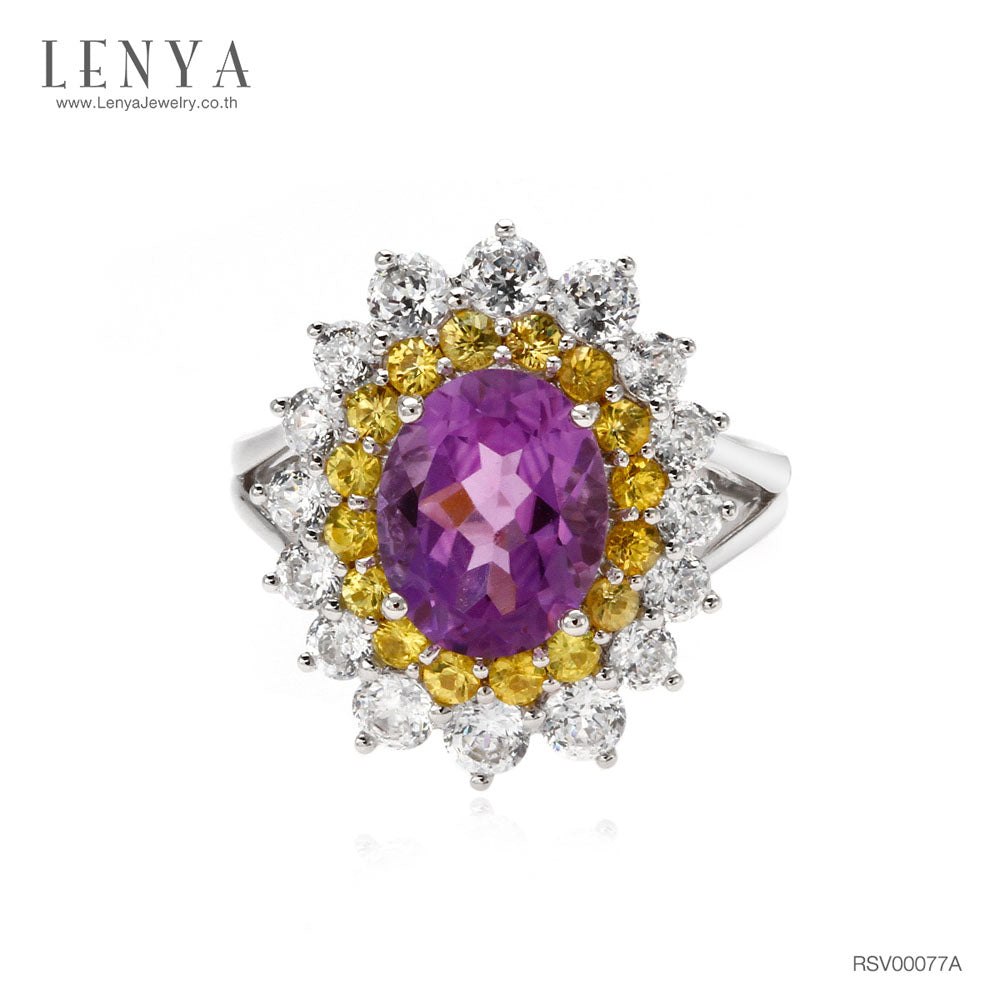LENYA แหวนเงินแท้ประดับพลอยอเมทิสต์ ล้อมรอบด้วย Yellow Sapphire และ CZ