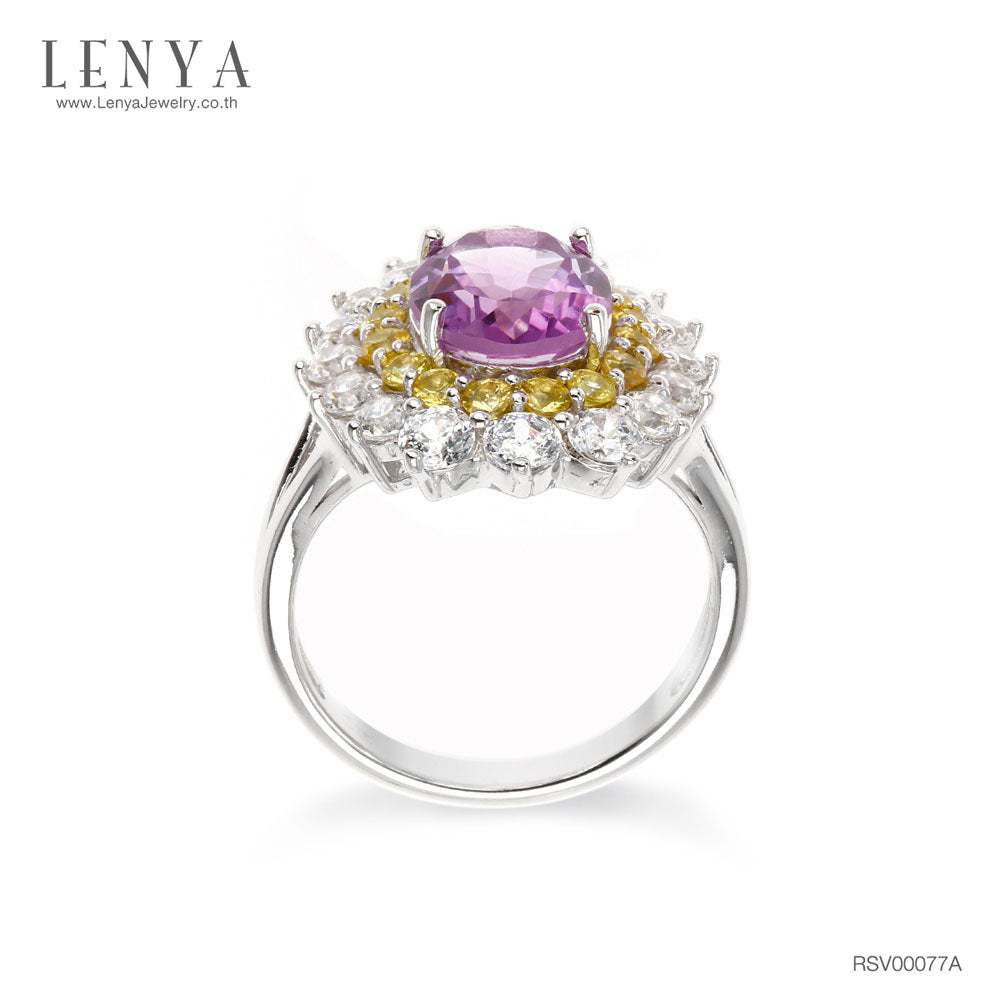 LENYA แหวนเงินแท้ประดับพลอยอเมทิสต์ ล้อมรอบด้วย Yellow Sapphire และ CZ