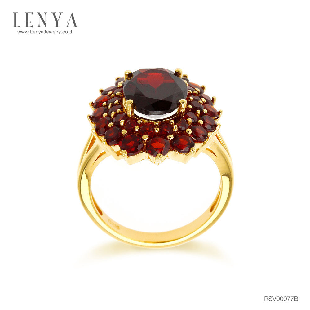 LENYA แหวนพลอยโกเมนหรือการ์เนต (Garnet) ดีไซน์หรูคลาสสิค ประดับด้วยพลอยสีแดงจำนวน 33 เม็ด ตัวเรือนเงินแท้ชุบทอง