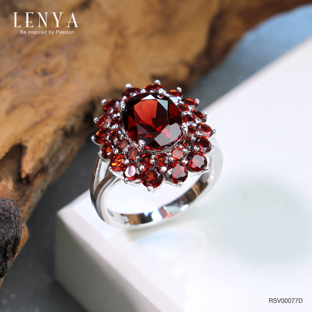 LENYA แหวนพลอยโกเมน เสริมด้านใจแกร่ง สำเร็จ มั่นคง ขนาด 10 มิล ตัวเรือนเงินแท้925 ชุบทองคำขาว