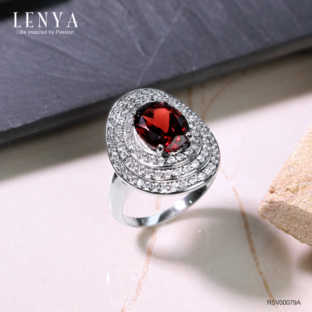 LENYA แหวนพลอยโกเมน เสริมด้านใจแกร่ง สำเร็จ มั่นคง ขนาด 10 มิล ตัวเรือนเงินแท้925 ชุบทองคำขาว