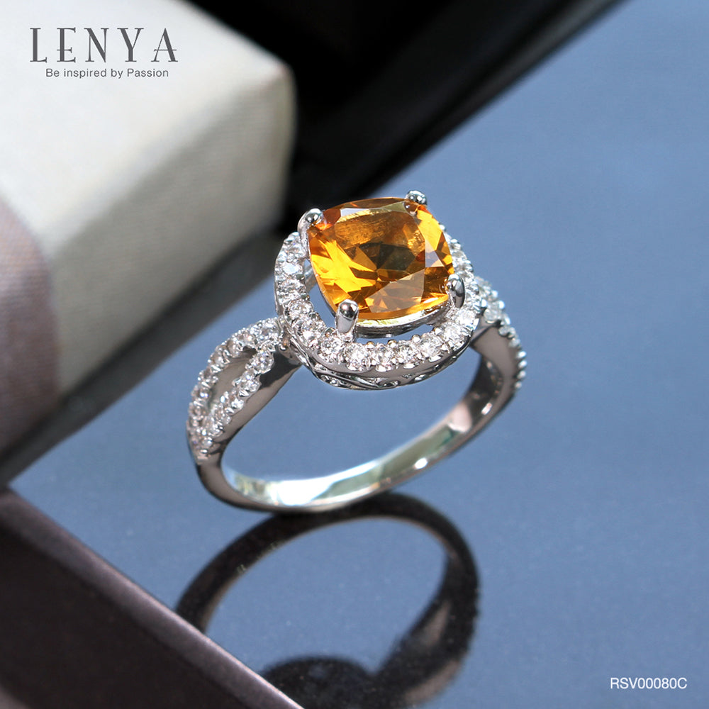 LENYA แหวนพลอยซิทริน(Citrine)  ชูช่อสวยงามด้วยบ่าข้างประดับเพชร DiamondLike บนตัวเรือนเงินแท้ชุบทองคำขาว