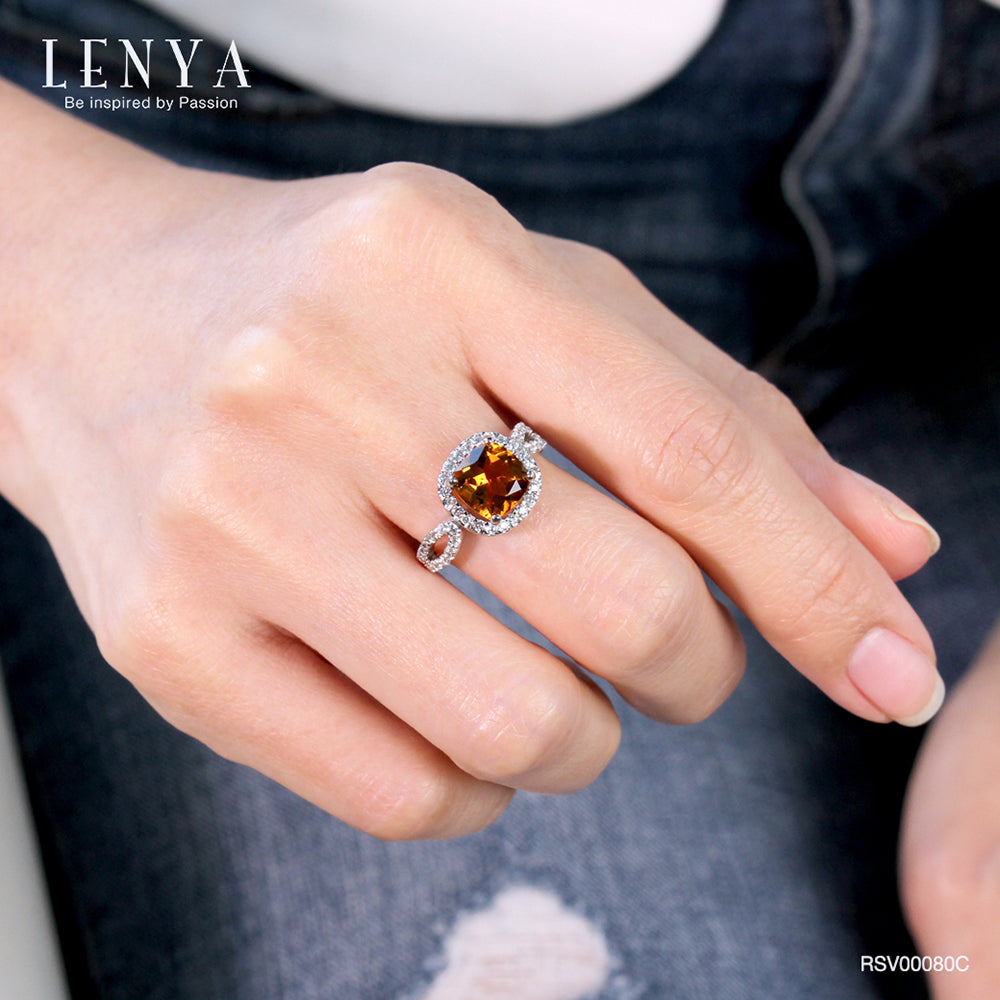 LENYA แหวนพลอยซิทริน(Citrine)  ชูช่อสวยงามด้วยบ่าข้างประดับเพชร DiamondLike บนตัวเรือนเงินแท้ชุบทองคำขาว