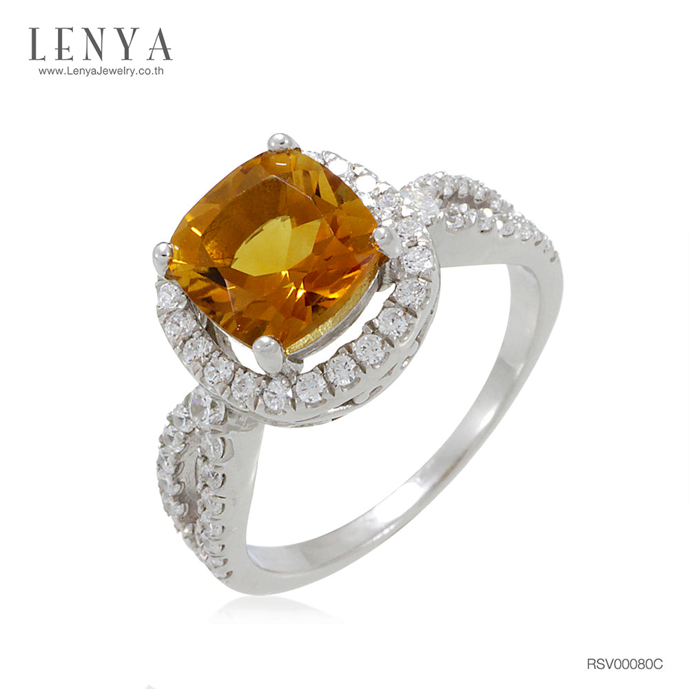 LENYA แหวนพลอยซิทริน(Citrine)  ชูช่อสวยงามด้วยบ่าข้างประดับเพชร DiamondLike บนตัวเรือนเงินแท้ชุบทองคำขาว