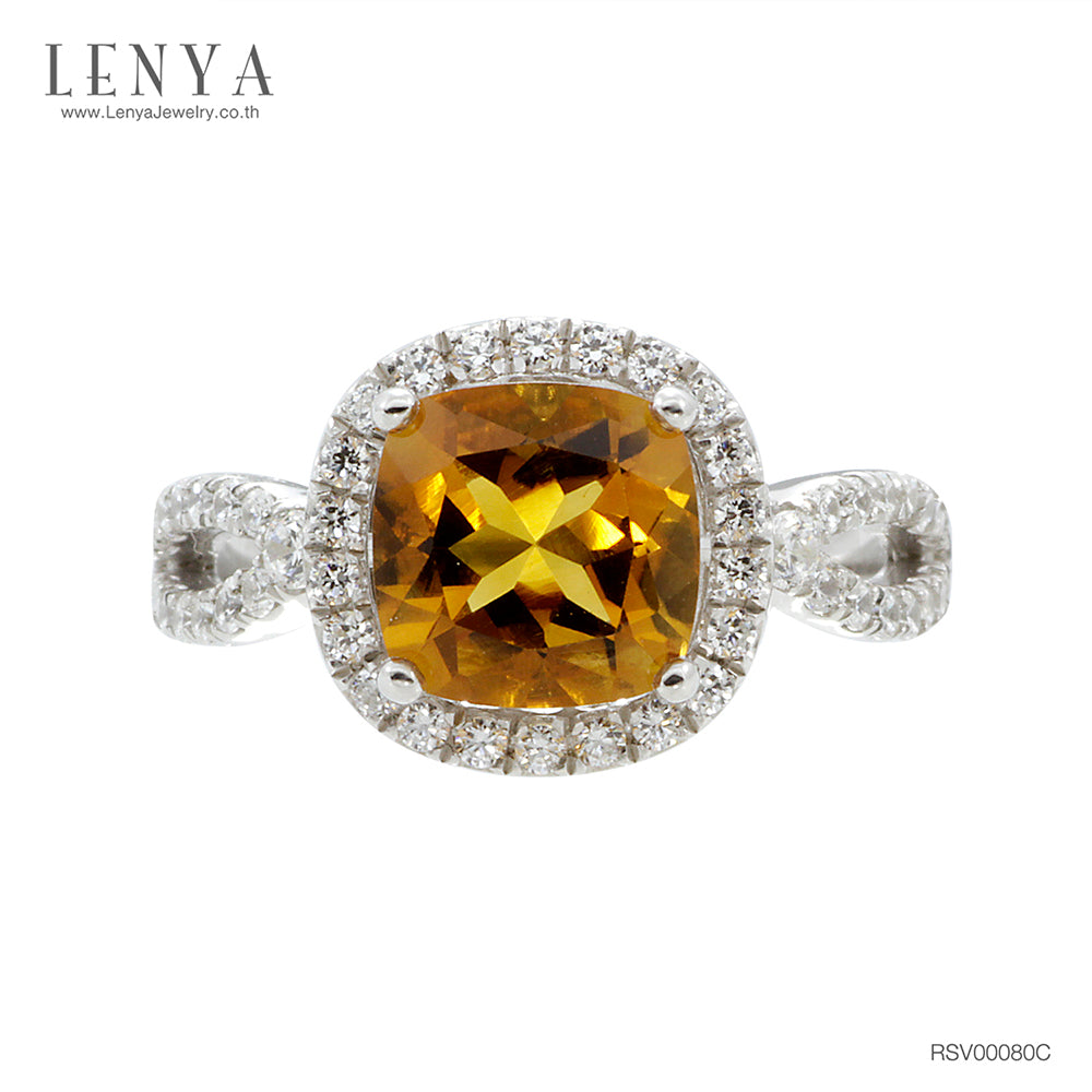 LENYA แหวนพลอยซิทริน(Citrine)  ชูช่อสวยงามด้วยบ่าข้างประดับเพชร DiamondLike บนตัวเรือนเงินแท้ชุบทองคำขาว