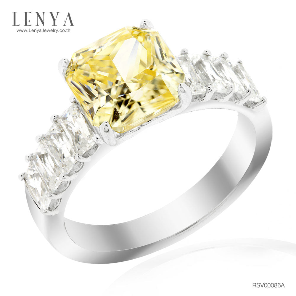 LENYA แหวนเพชร DiamondLike สีเหลือง รูปทรงสี่เหลี่ยม เสริมบ่าข้างด้วย เพชร DiamondLike ทรงบาเก็ตต์ สวยเก๋เด่นเป็นสง่า บนตัวเรือนเงินแท้ชุบทองคำขาว