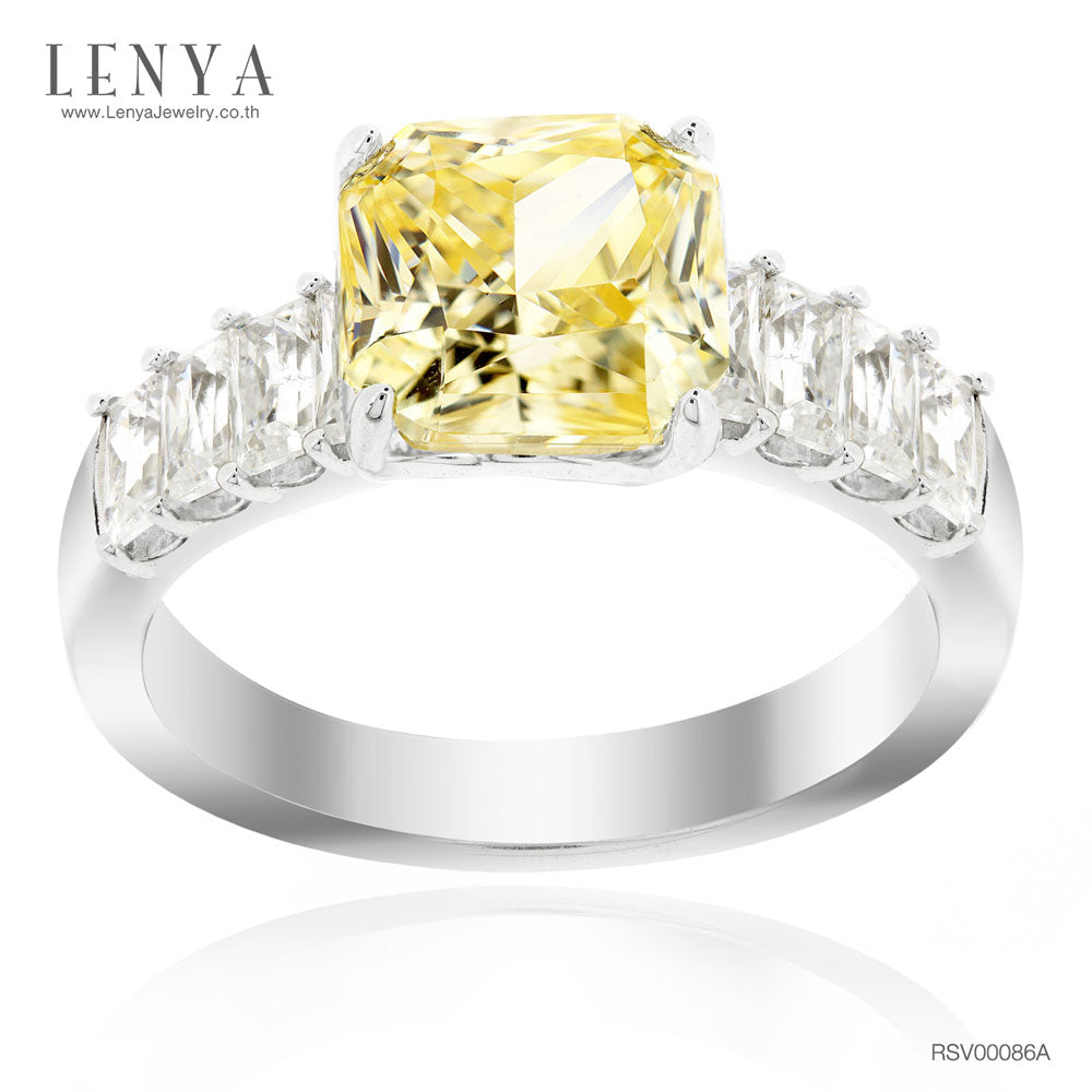 LENYA แหวนเพชร DiamondLike สีเหลือง รูปทรงสี่เหลี่ยม เสริมบ่าข้างด้วย เพชร DiamondLike ทรงบาเก็ตต์ สวยเก๋เด่นเป็นสง่า บนตัวเรือนเงินแท้ชุบทองคำขาว