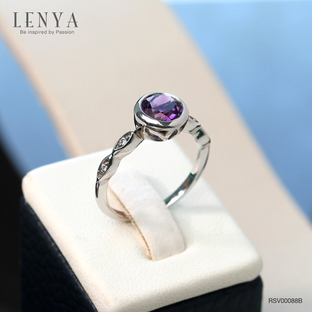 LENYA แหวนพลอยอเมทิสต์ เสริมความสงบใจ มีสติ มั่งคั่ง ขนาด 6.5 มิล ตัวเรือนเงินแท้925 ชุบทองคำขาว