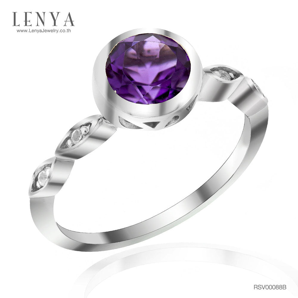 LENYA แหวนพลอยอเมทิสต์ เสริมความสงบใจ มีสติ มั่งคั่ง ขนาด 6.5 มิล ตัวเรือนเงินแท้925 ชุบทองคำขาว