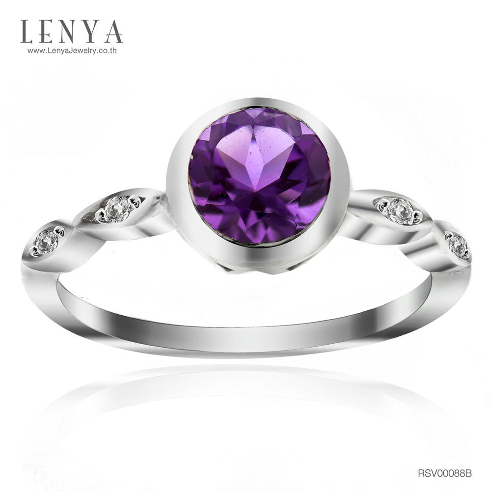 LENYA แหวนพลอยอเมทิสต์ เสริมความสงบใจ มีสติ มั่งคั่ง ขนาด 6.5 มิล ตัวเรือนเงินแท้925 ชุบทองคำขาว