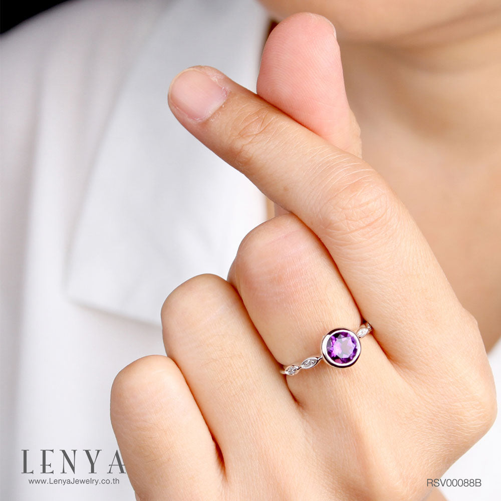 LENYA แหวนพลอยอเมทิสต์ เสริมความสงบใจ มีสติ มั่งคั่ง ขนาด 6.5 มิล ตัวเรือนเงินแท้925 ชุบทองคำขาว