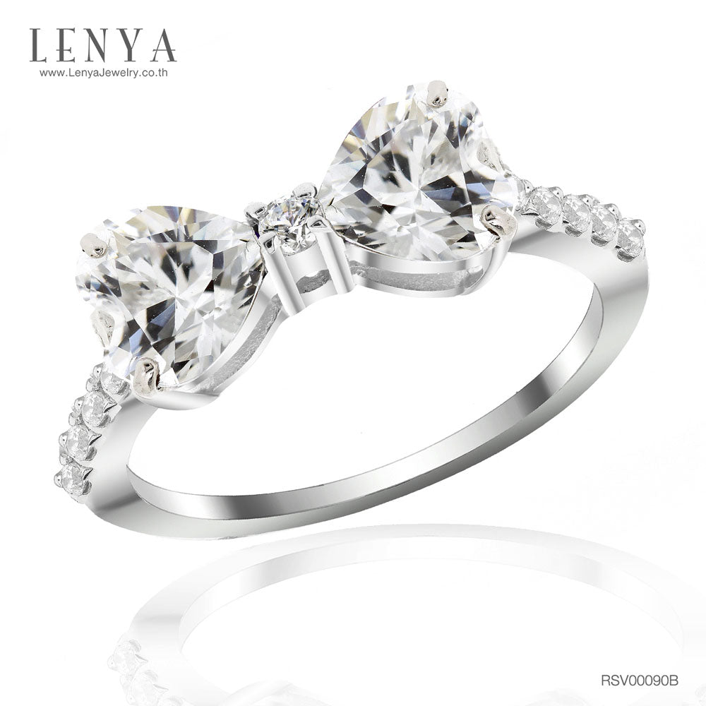 LENYA แหวนเพชร DiamondLike ทรงหัวใจ เม็ดใหญ่ 6 มิล 2 เม็ด วางเป็นรูปโบว์ ตัวเรือนเงิน 925 ชุบโรเดียม