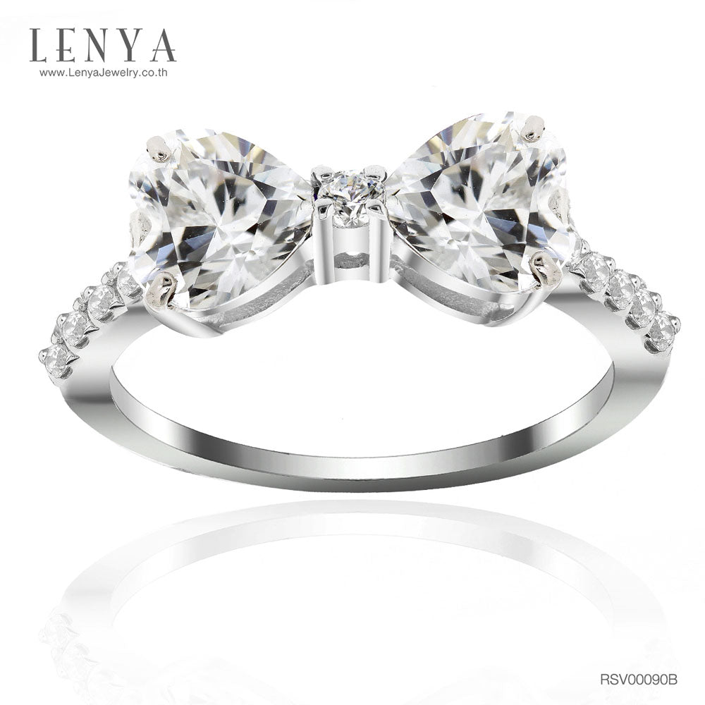 LENYA แหวนเพชร DiamondLike ทรงหัวใจ เม็ดใหญ่ 6 มิล 2 เม็ด วางเป็นรูปโบว์ ตัวเรือนเงิน 925 ชุบโรเดียม