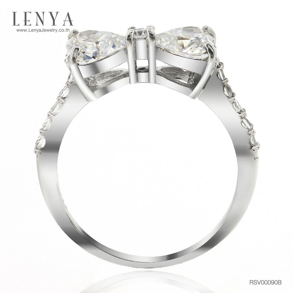 LENYA แหวนเพชร DiamondLike ทรงหัวใจ เม็ดใหญ่ 6 มิล 2 เม็ด วางเป็นรูปโบว์ ตัวเรือนเงิน 925 ชุบโรเดียม