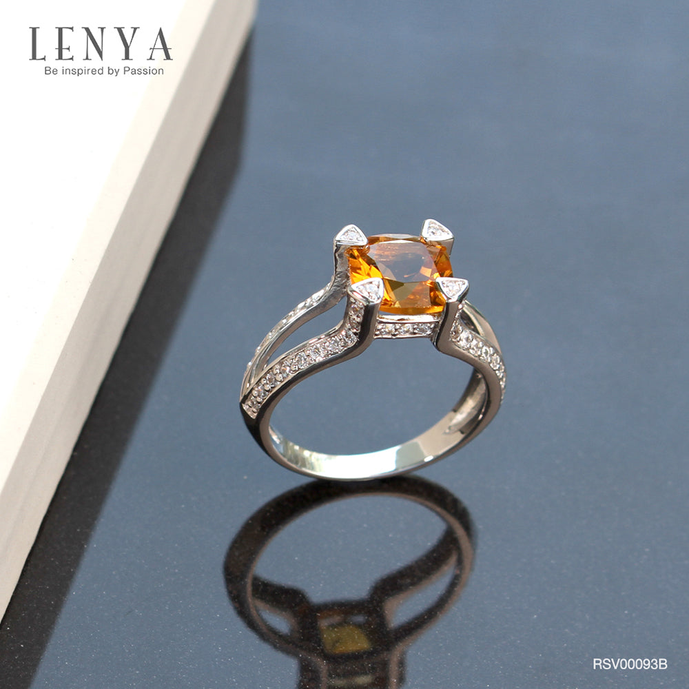 LENYA แหวนพลอยซิทริน(Citrine)  ชูช่อสวยงามด้วยบ่าข้างประดับเพชร DiamondLike บนตัวเรือนเงินแท้ชุบทองคำขาว