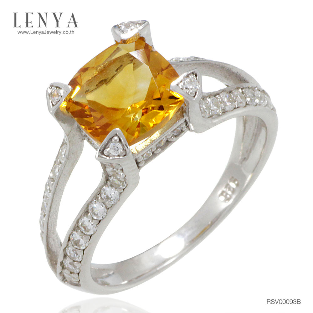 LENYA แหวนพลอยซิทริน(Citrine)  ชูช่อสวยงามด้วยบ่าข้างประดับเพชร DiamondLike บนตัวเรือนเงินแท้ชุบทองคำขาว