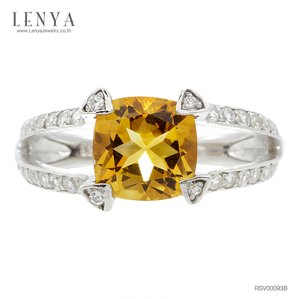 LENYA แหวนพลอยซิทริน(Citrine)  ชูช่อสวยงามด้วยบ่าข้างประดับเพชร DiamondLike บนตัวเรือนเงินแท้ชุบทองคำขาว