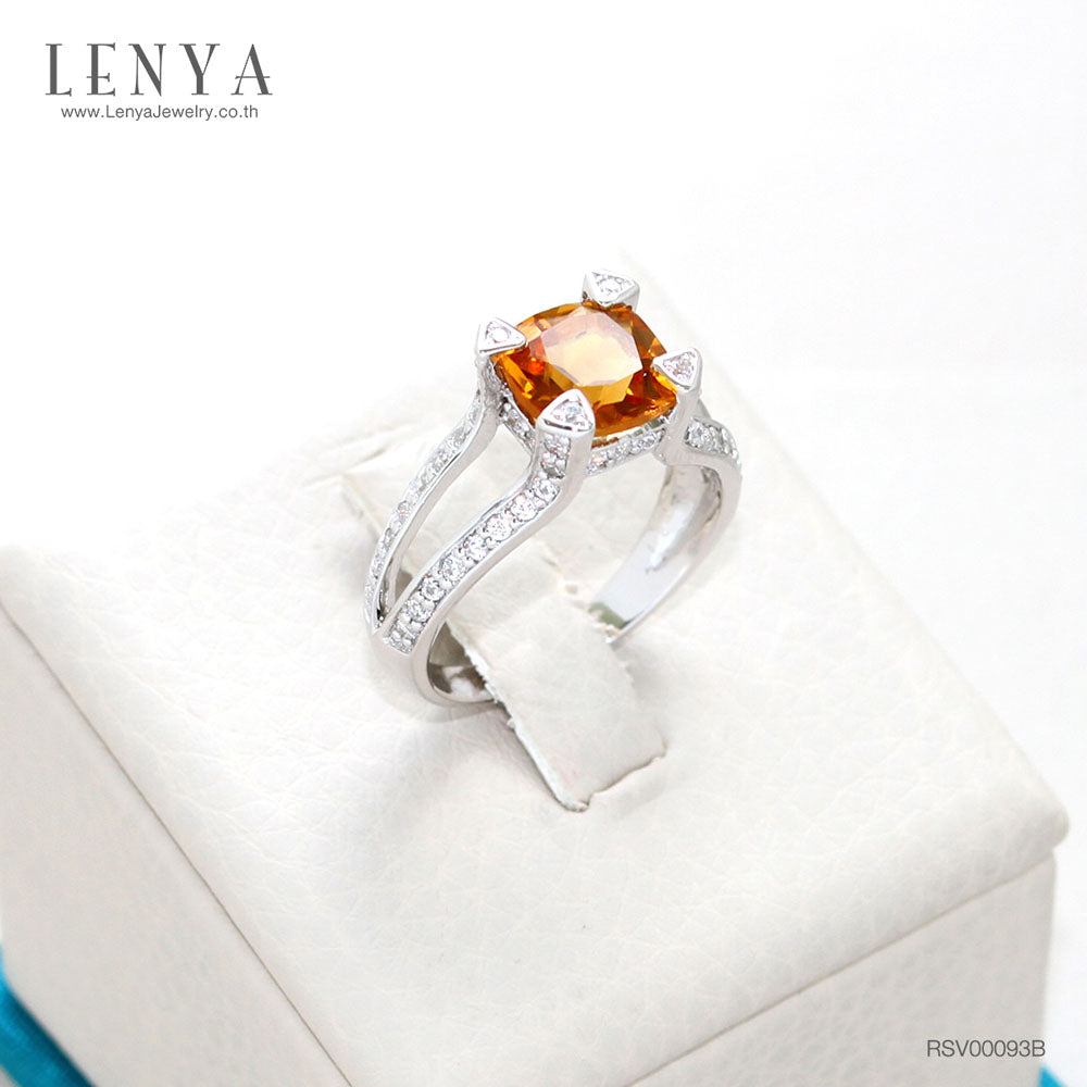 LENYA แหวนพลอยซิทริน(Citrine)  ชูช่อสวยงามด้วยบ่าข้างประดับเพชร DiamondLike บนตัวเรือนเงินแท้ชุบทองคำขาว