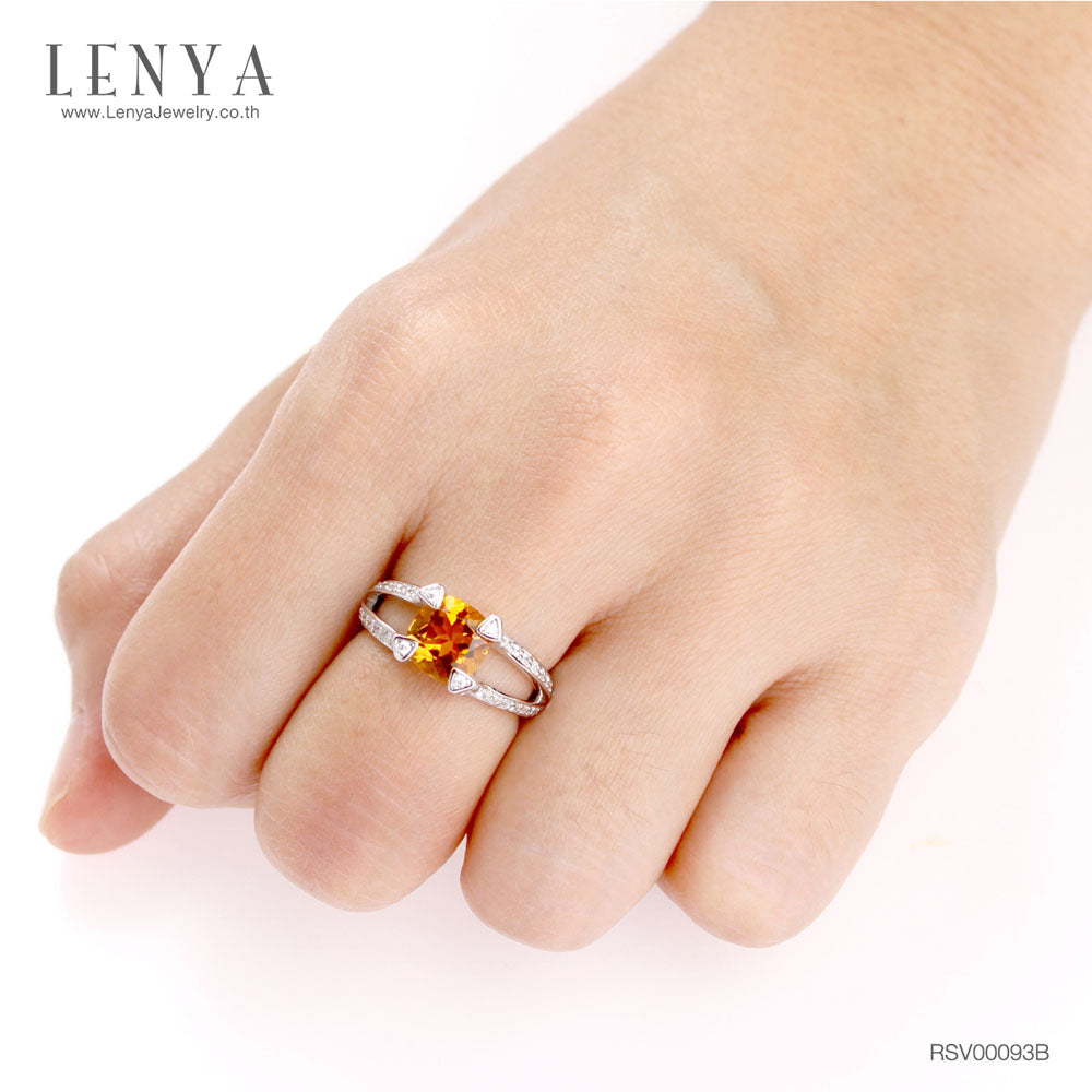 LENYA แหวนพลอยซิทริน(Citrine)  ชูช่อสวยงามด้วยบ่าข้างประดับเพชร DiamondLike บนตัวเรือนเงินแท้ชุบทองคำขาว