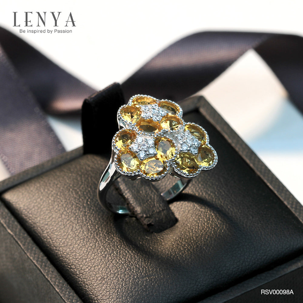LENYA แหวนพลอยซิทริน(Citrine) ดีไซน์สุดแสนน่ารัก ด้วยดอกไม้ซ้อนกันถึง 3 ดอก บนตัวเรือนเงินแท้ชุบทองคำขาว