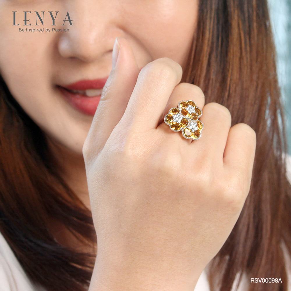 LENYA แหวนพลอยซิทริน(Citrine) ดีไซน์สุดแสนน่ารัก ด้วยดอกไม้ซ้อนกันถึง 3 ดอก บนตัวเรือนเงินแท้ชุบทองคำขาว