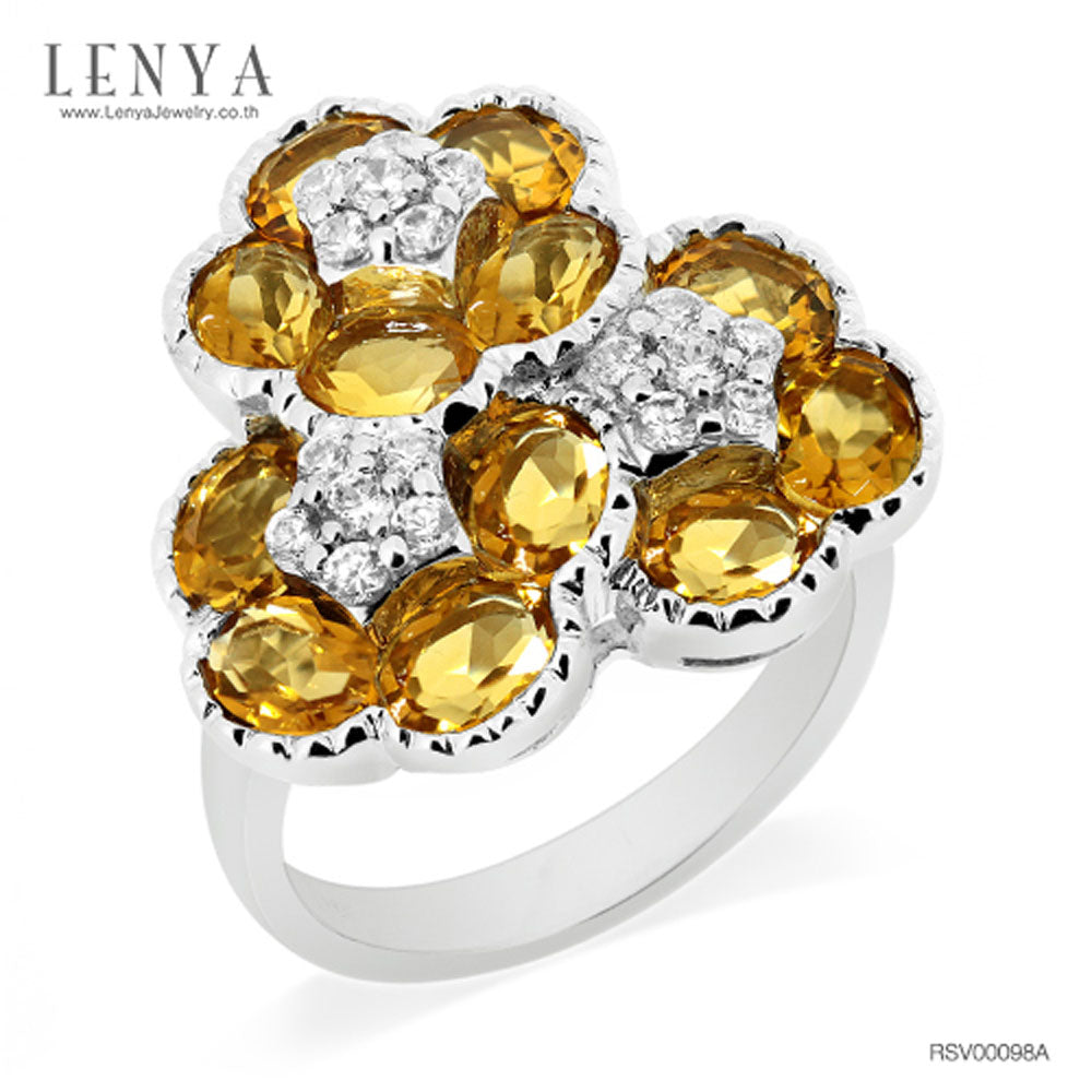 LENYA แหวนพลอยซิทริน(Citrine) ดีไซน์สุดแสนน่ารัก ด้วยดอกไม้ซ้อนกันถึง 3 ดอก บนตัวเรือนเงินแท้ชุบทองคำขาว