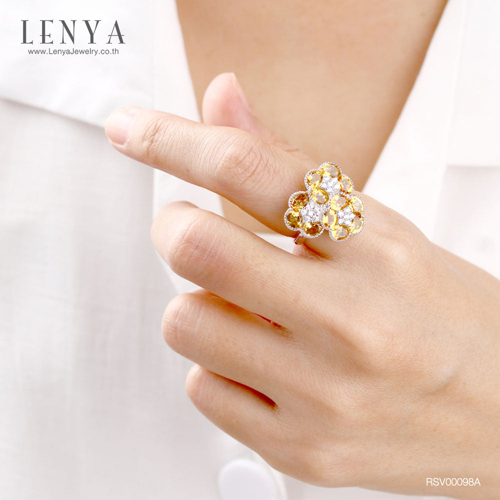 LENYA แหวนพลอยซิทริน(Citrine) ดีไซน์สุดแสนน่ารัก ด้วยดอกไม้ซ้อนกันถึง 3 ดอก บนตัวเรือนเงินแท้ชุบทองคำขาว