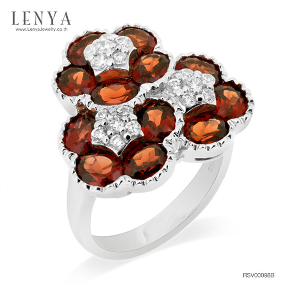 LENYA แหวนพลอยโกเมน(Garnet) ดีไซน์สุดแสนน่ารัก ด้วยดอกไม้ซ้อนกันถึง 3 ดอก บนตัวเรือนเงินแท้ชุบทองคำขาว
