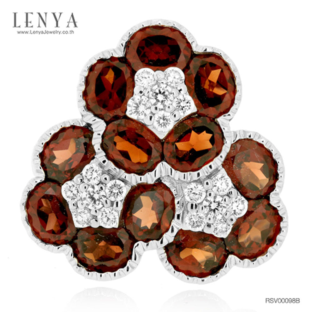 LENYA แหวนพลอยโกเมน(Garnet) ดีไซน์สุดแสนน่ารัก ด้วยดอกไม้ซ้อนกันถึง 3 ดอก บนตัวเรือนเงินแท้ชุบทองคำขาว