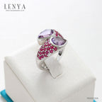 LENYA แหวน อเมทีสต์ (Amethyst) ตัวเรือนเงินแท้ 925 ชุบทองขาว ประดับด้วยพลอย ทับทิม(Ruby) สีแดง