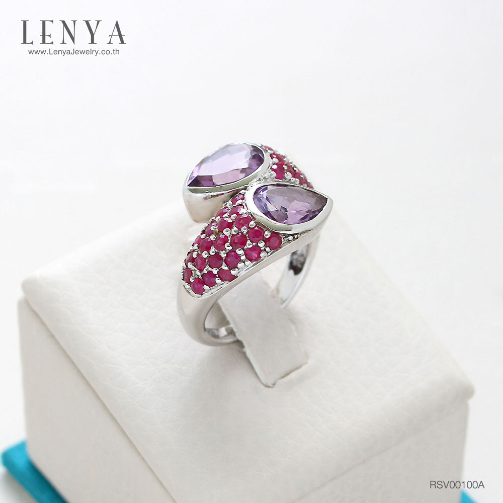 LENYA แหวน อเมทีสต์ (Amethyst) ตัวเรือนเงินแท้ 925 ชุบทองขาว ประดับด้วยพลอย ทับทิม(Ruby) สีแดง