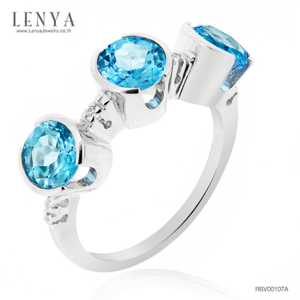 LENYA แหวนพลอยบูลโทพาส(Blue Topaz) ดีไซน์แปลกไม่เหมือนใคร บนตัวเรือนเงินแท้ชุบทองคำขาว