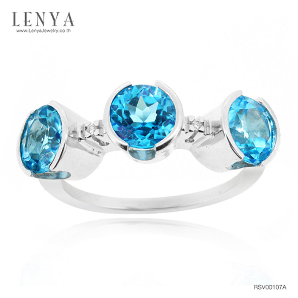 LENYA แหวนพลอยบูลโทพาส(Blue Topaz) ดีไซน์แปลกไม่เหมือนใคร บนตัวเรือนเงินแท้ชุบทองคำขาว