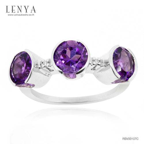 LENYA แหวนพลอยอเมทีสต์ (Amethyst)  ดีไซน์แปลกไม่เหมือนใคร บนตัวเรือนเงินแท้ชุบทองคำขาว