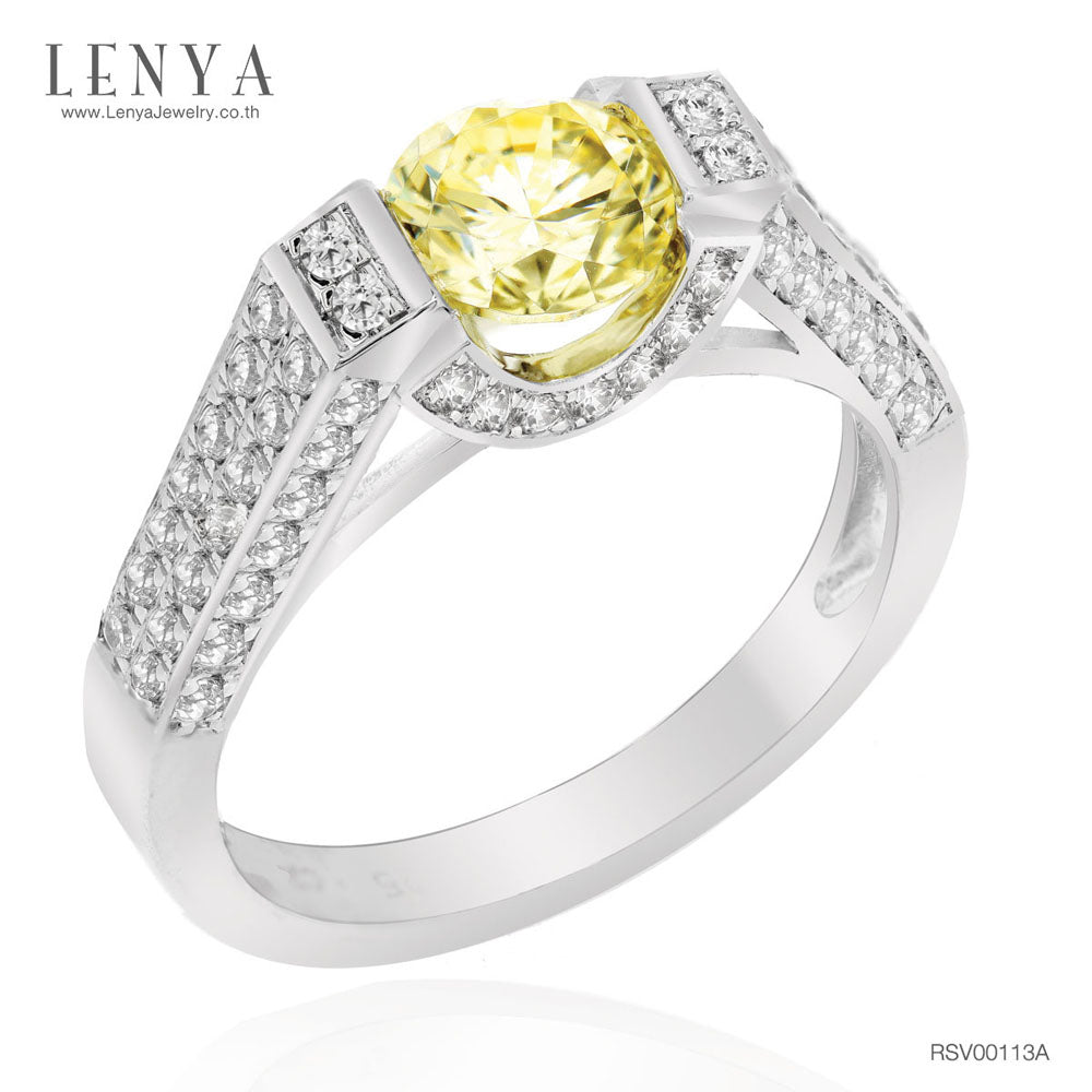 LENYA แหวนเพชร DiamondLike สีเหลือง ทรงกลม ดีไซน์สุดหรูหรา โชว์ตัวพชรด้านข้าง ตัวเรือนเงินแท้ชุบทองคำขาว