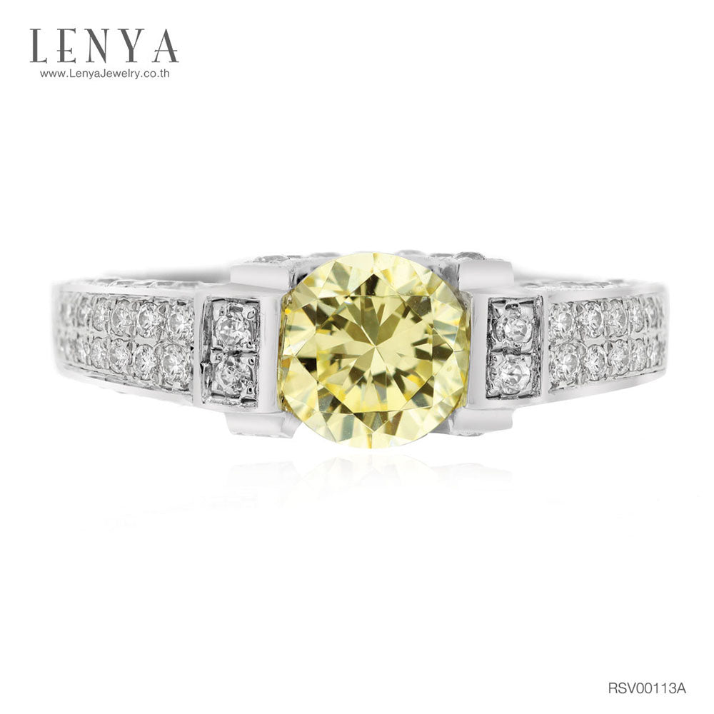 LENYA แหวนเพชร DiamondLike สีเหลือง ทรงกลม ดีไซน์สุดหรูหรา โชว์ตัวพชรด้านข้าง ตัวเรือนเงินแท้ชุบทองคำขาว