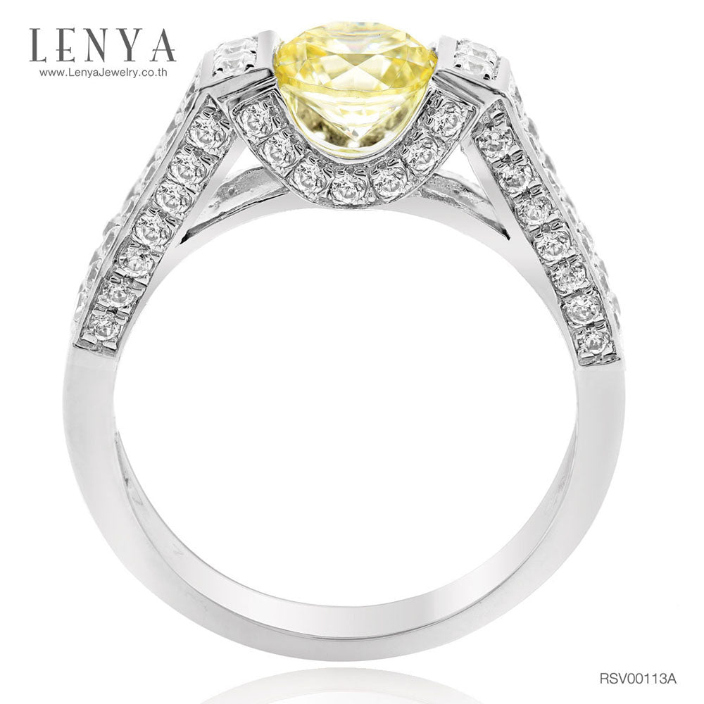 LENYA แหวนเพชร DiamondLike สีเหลือง ทรงกลม ดีไซน์สุดหรูหรา โชว์ตัวพชรด้านข้าง ตัวเรือนเงินแท้ชุบทองคำขาว